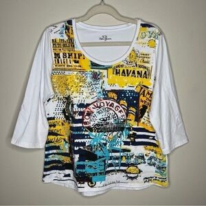 Palm Grove Bon‎ Voyage Sequin Graphic Scoop Neck 3/4 Sleeve Tee